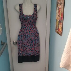 Donna Karan Blue and Red Sleeveless Scoop Neck Midi Dress with Black Hem